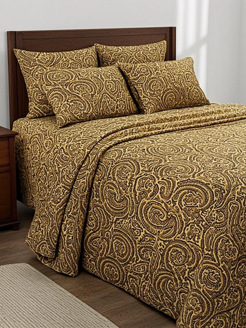 Mustard Paisley Traditional Double Bedsheet — 220 TC