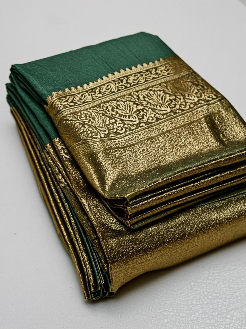 Mysore Silk-Style Green Bedsheet — Gold Temple Border 320 TC