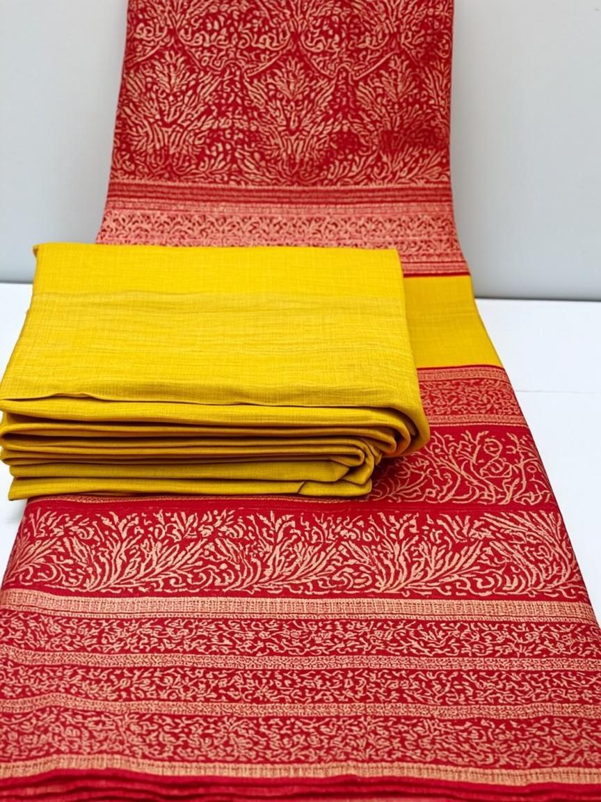Yellow Red Bandhani Dress Material Set