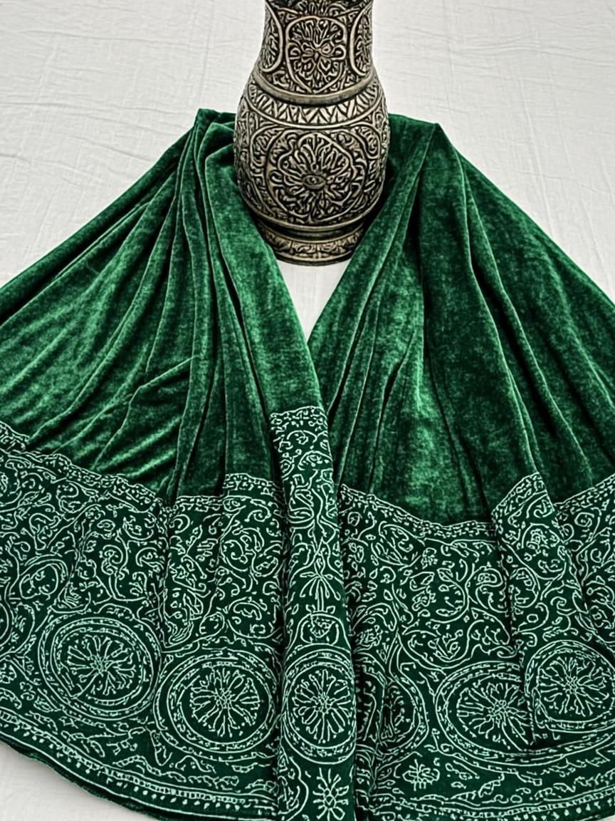 Deep Green Embroidered Velvet Dress Material