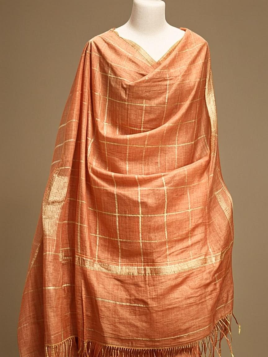 Peach Gold Check Chanderi Dupatta