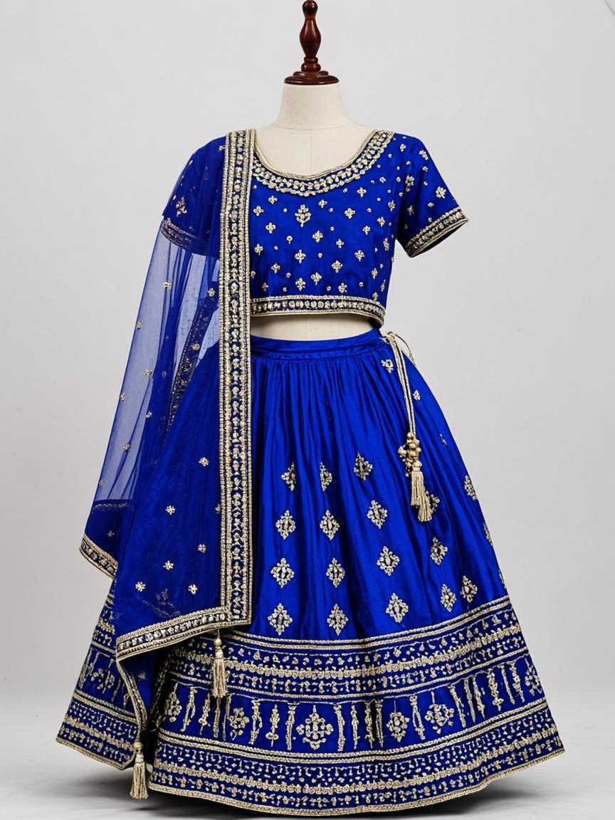 Powder Blue Resham Thread Art Silk Kids Party Wear Dress