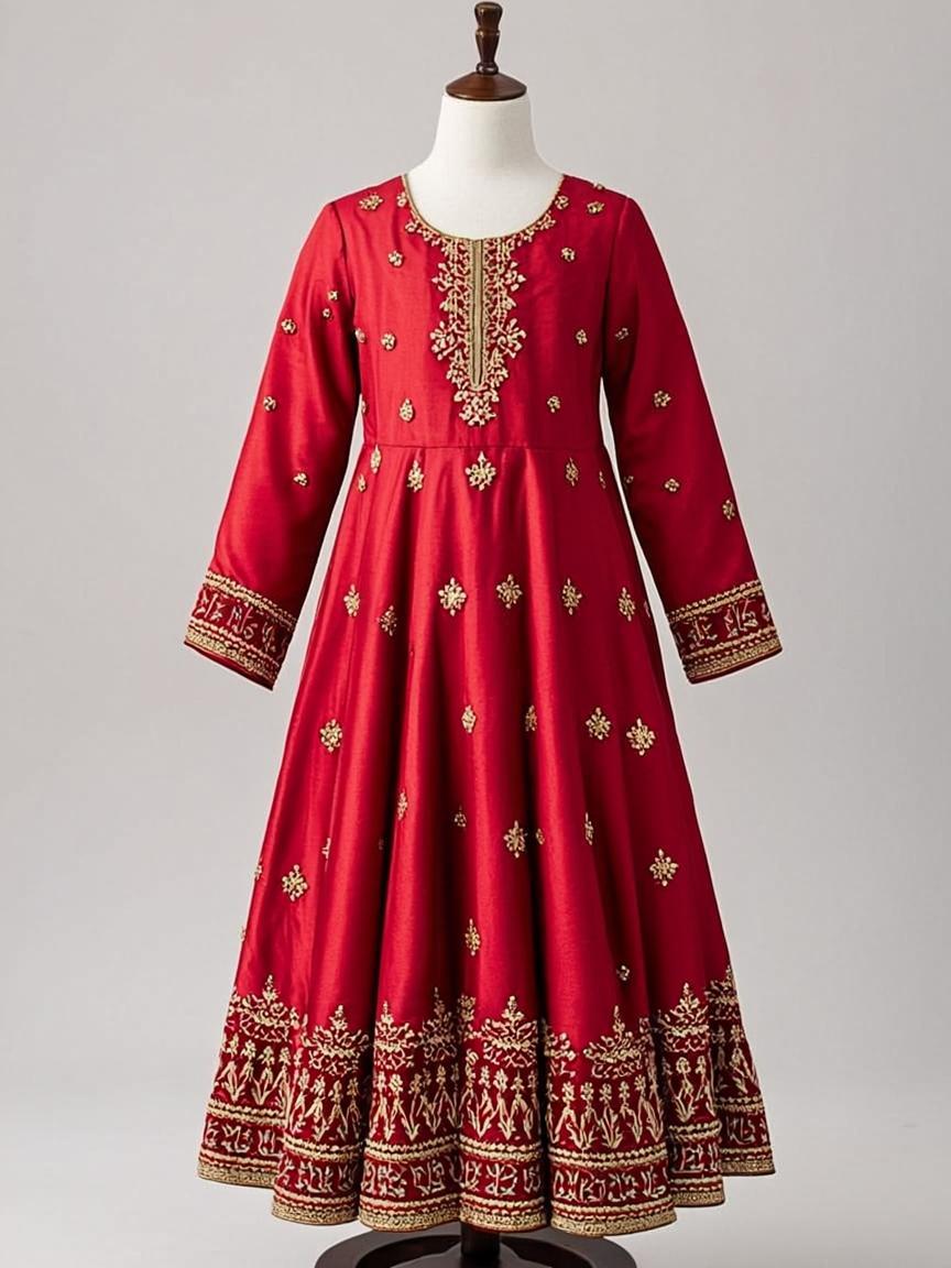 Golden Ivory Resham Thread Art Silk Kids Salwar Suit