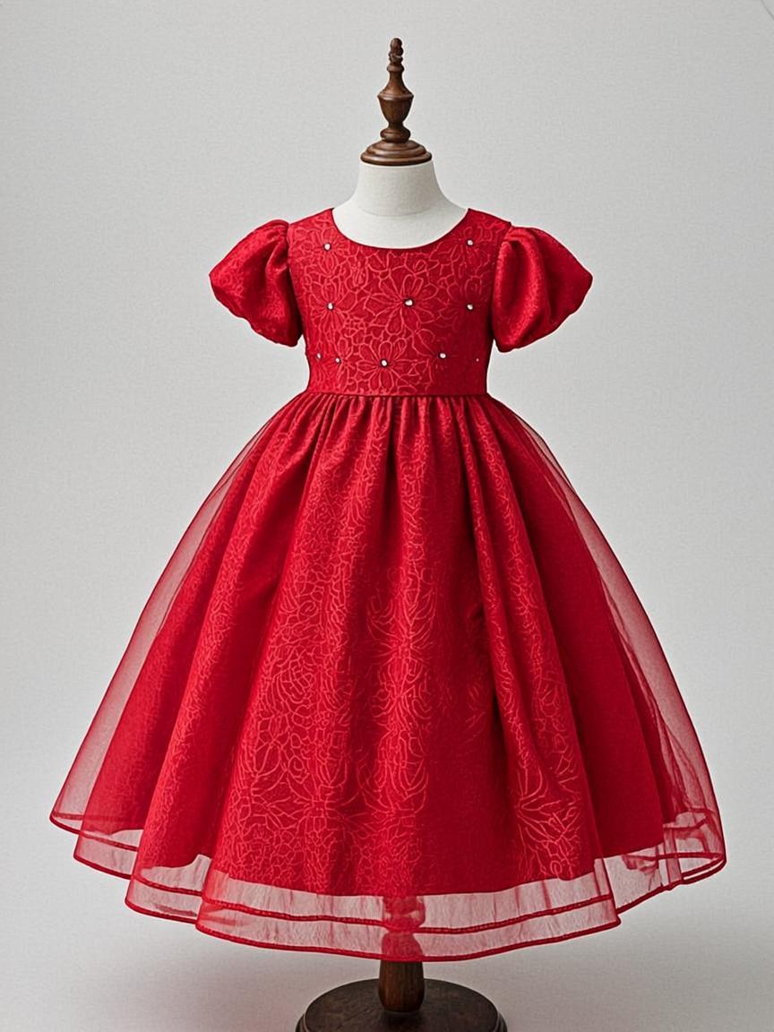 Burnt Orange Thread Embroidered Velvet Kids Party Wear Dress