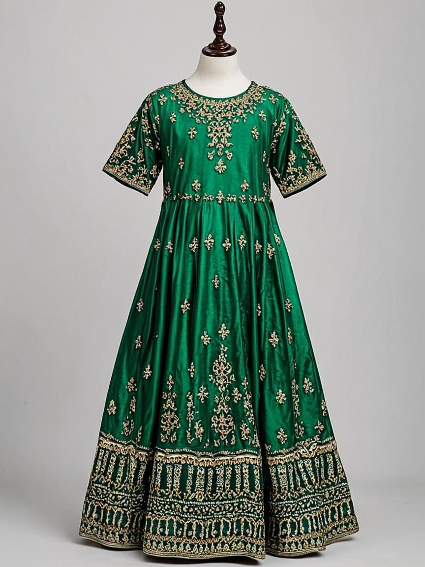 Champagne Gold Hand Block Printed Cotton Silk Kids Party Wear Dress