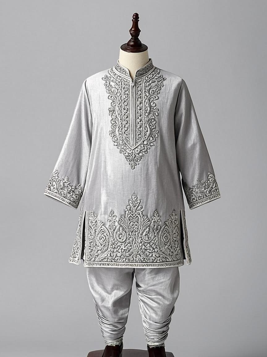 Off White Resham Thread Art Silk Kids Kurta Set