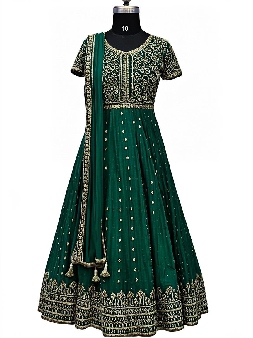 Emerald Green Resham Thread Art Silk Kids Salwar Suit