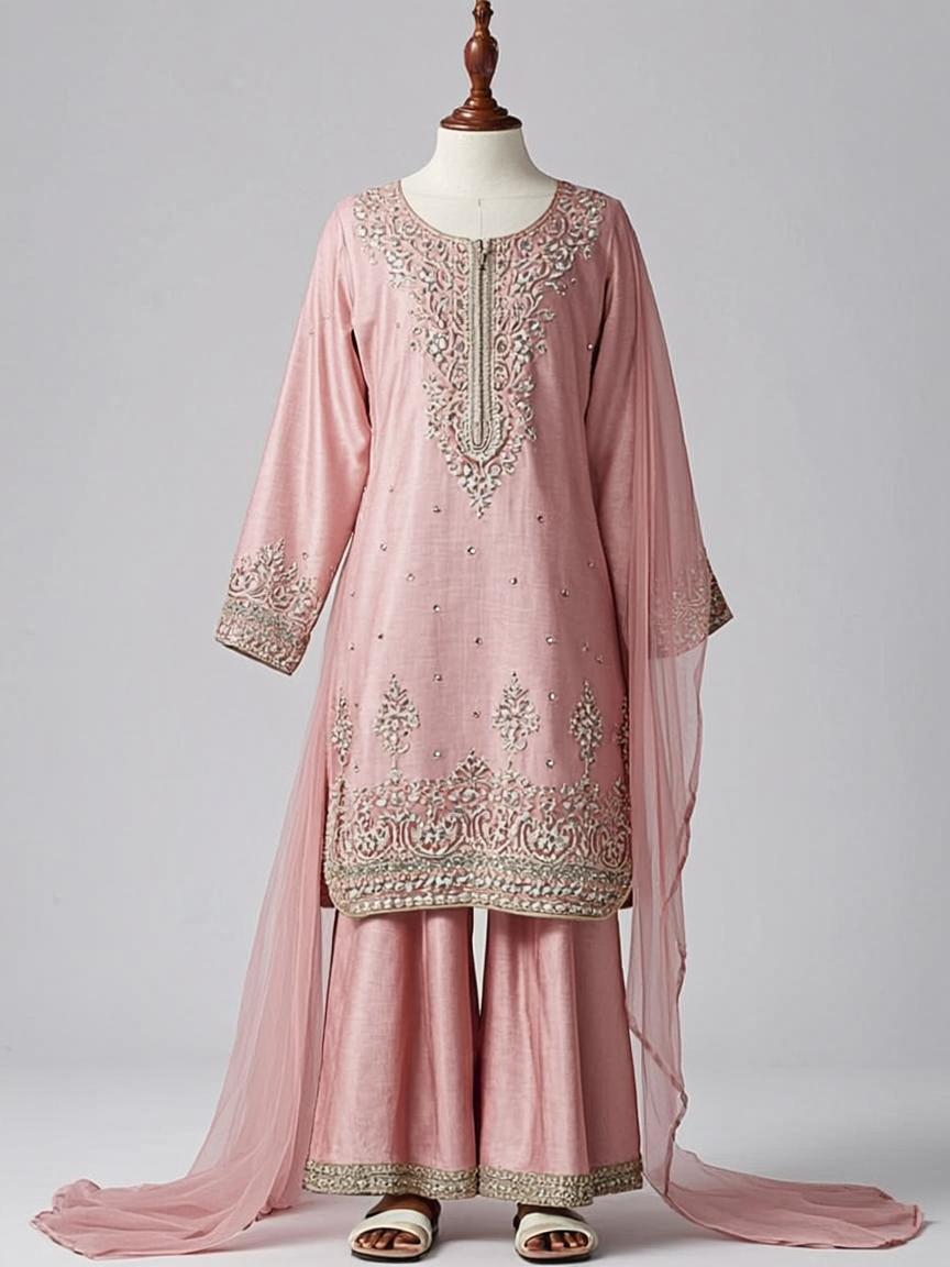Champagne Gold Hand Block Printed Cotton Silk Kids Kurta Set