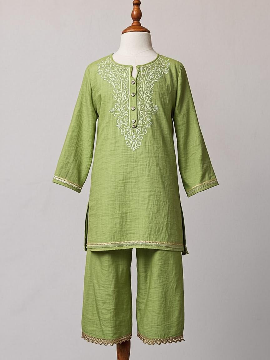 Emerald Green Resham Thread Art Silk Kids Party Wear Dress