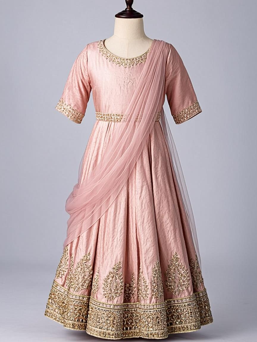 Rani Pink Stone Work Silk Blend Kids Lehenga Choli