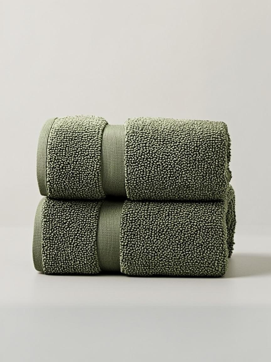 Olive Green Cotton Bath Towels — Ribbed Border Pair 470 GSM