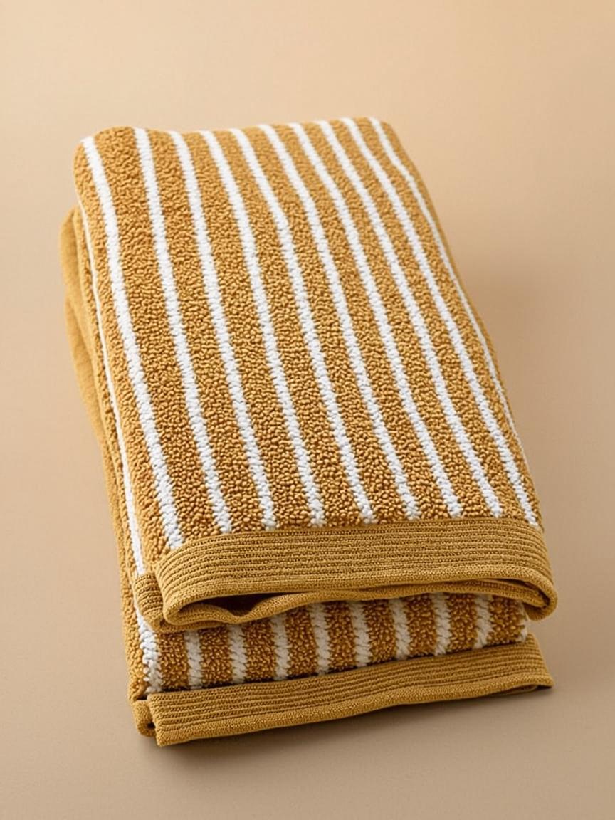 Mustard Yellow Bath Towels — White Stripe Pair 460 GSM