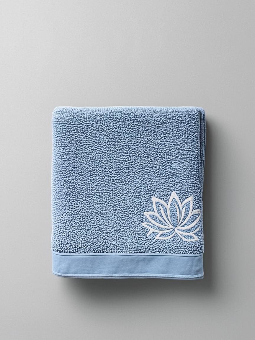 Powder Blue Bath Towel — Embroidered Lotus Motif 500 GSM