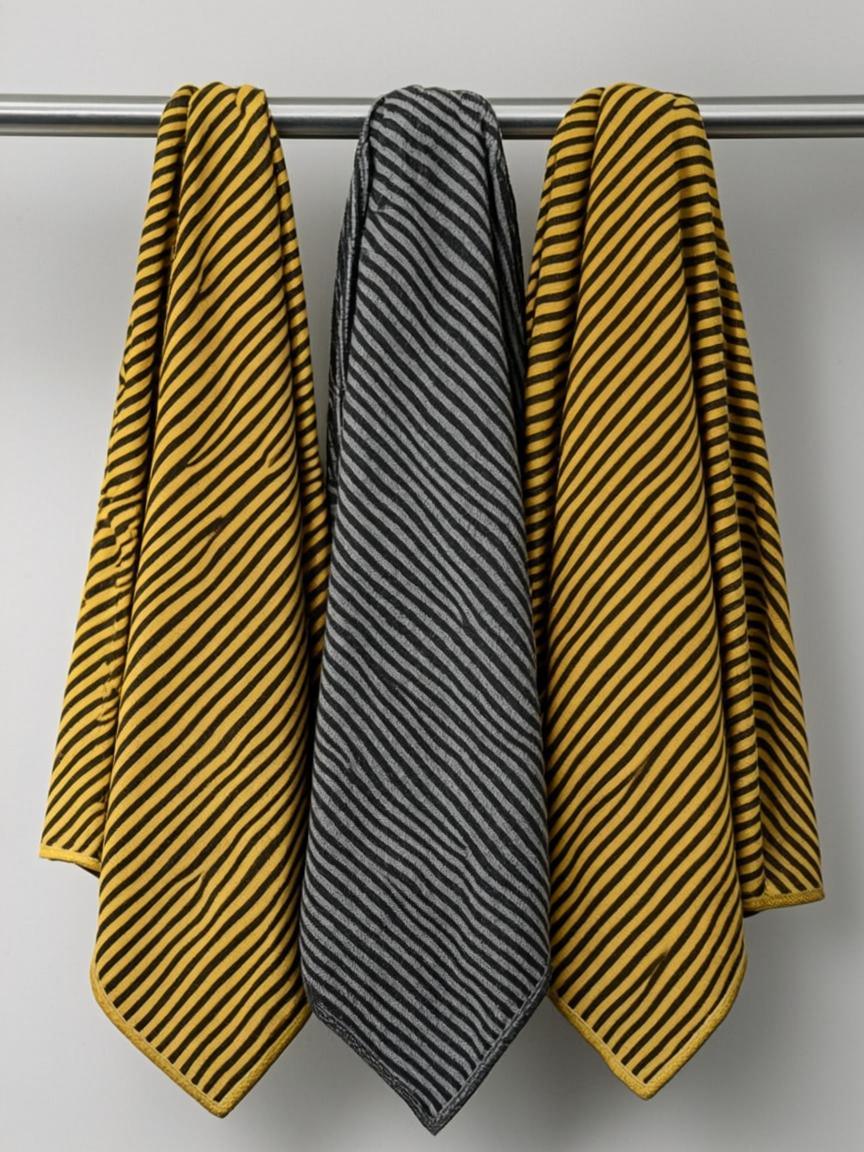 Mustard-Grey Kitchen Towels — Striped Set of 3